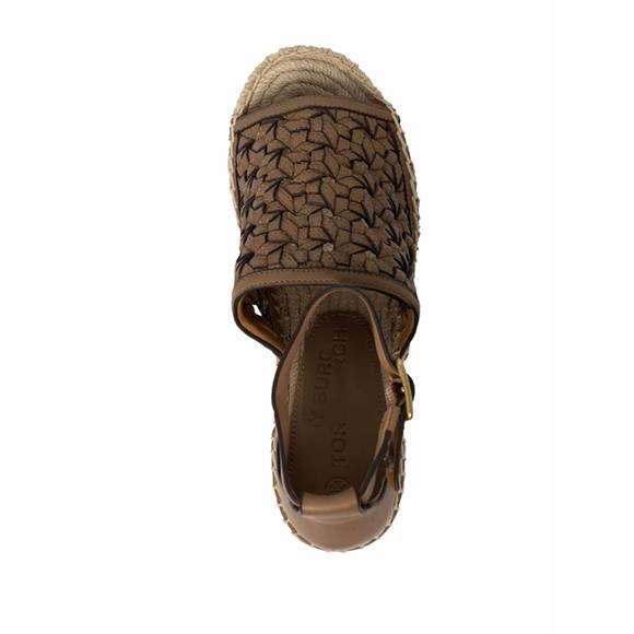 NEW TORY BURCH basketweave calfskin wedge espadrille sandal in almond flour - Picture 4 of 4